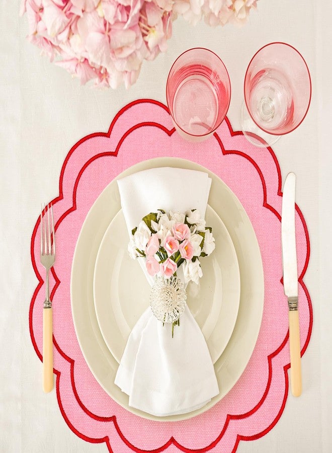 Whaline Pink Red Linen Placemats Embroidered Round Scalloped Kitchen Place Mats for Wedding Baby Shower Party Home Dining Table Decor, Set of 6, 15 x 15 in - Image 5