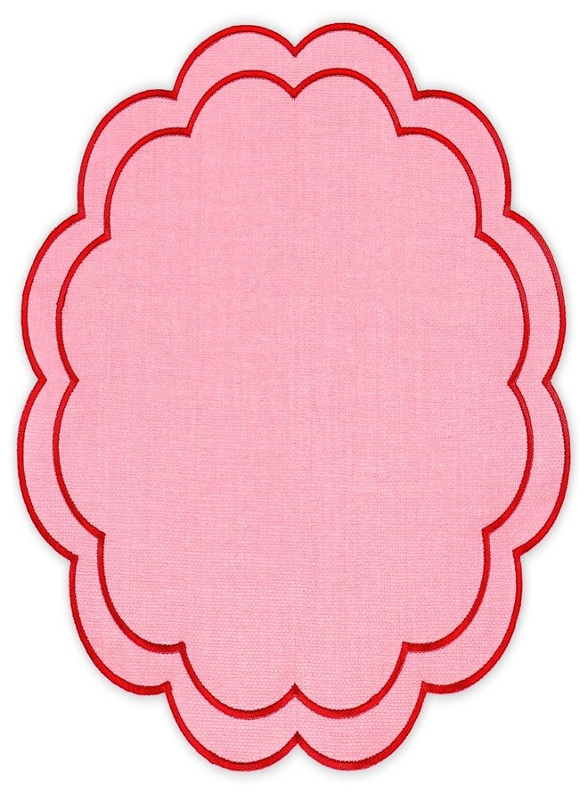 Whaline Pink Red Linen Placemats Embroidered Round Scalloped Kitchen Place Mats for Wedding Baby Shower Party Home Dining Table Decor, Set of 6, 15 x 15 in - Image 1