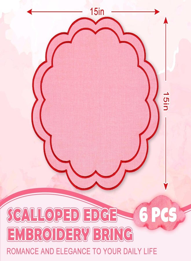 Whaline Pink Red Linen Placemats Embroidered Round Scalloped Kitchen Place Mats for Wedding Baby Shower Party Home Dining Table Decor, Set of 6, 15 x 15 in - Image 2