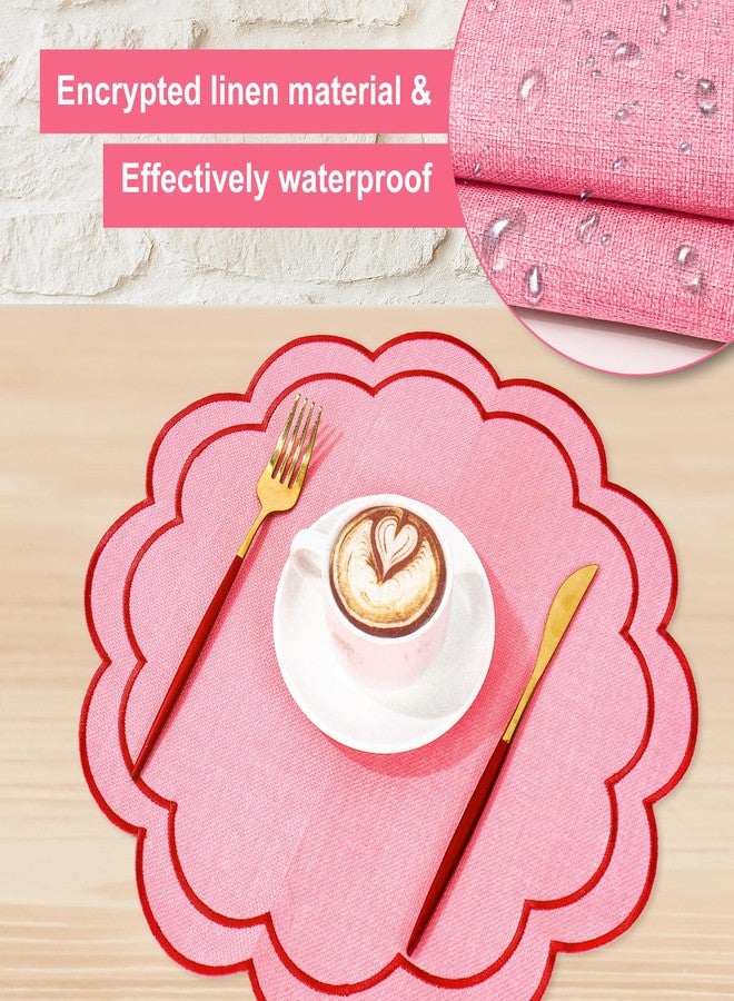 Whaline Pink Red Linen Placemats Embroidered Round Scalloped Kitchen Place Mats for Wedding Baby Shower Party Home Dining Table Decor, Set of 6, 15 x 15 in - Image 3