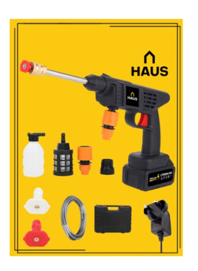 HAUS Cordless Pressure Washer Electric 30 BAR Pressure 1200 MAh Battery Self Priming Feature Includes 2 Pressure Nozzles Foam Bottle Long Water Tube , Car Washing Machine - Image 1