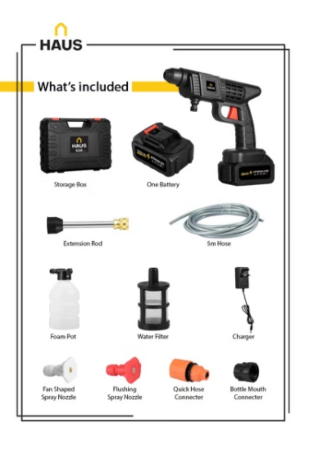 HAUS Cordless Pressure Washer Electric 30 BAR Pressure 1200 MAh Battery Self Priming Feature Includes 2 Pressure Nozzles Foam Bottle Long Water Tube , Car Washing Machine - Image 2