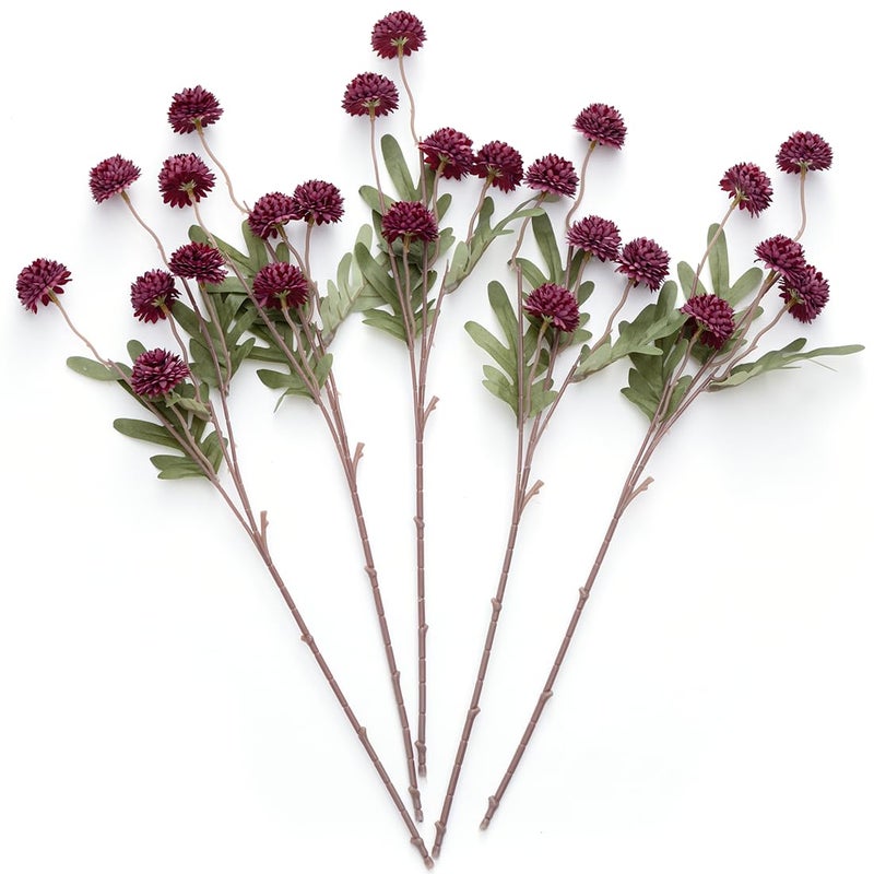 Laelfe 5Pcs Burgundy Flowers Artificial Pompon Mum Fake Kiku Flowers Silk Small Mini Chrysanthemum Ball Faux Mum Decor for Autumn Filler DIY Bouquet Centerpieces Arrangements ShowerBurgundy - Image 2