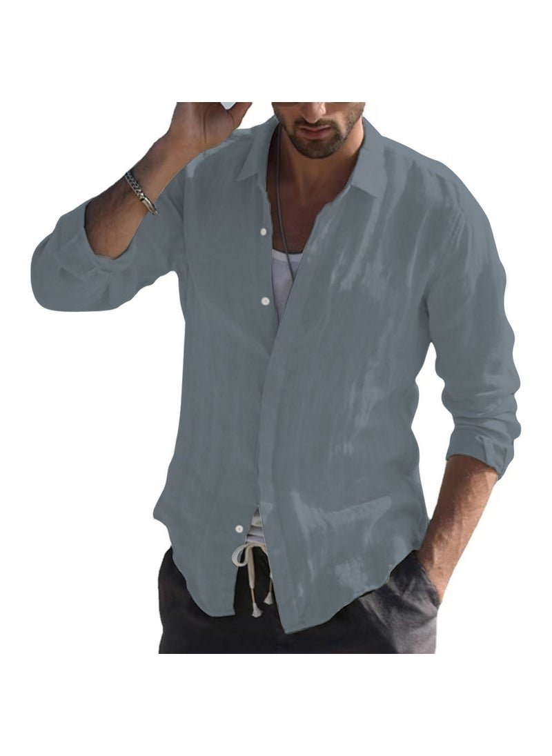 Generic - Cotton Solid Color Long Sleeve Mens Casual Shirt Grey - Image 1