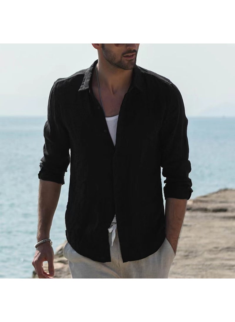 Generic - Cotton Solid Color Long Sleeve Mens Casual Shirt Grey - Image 1