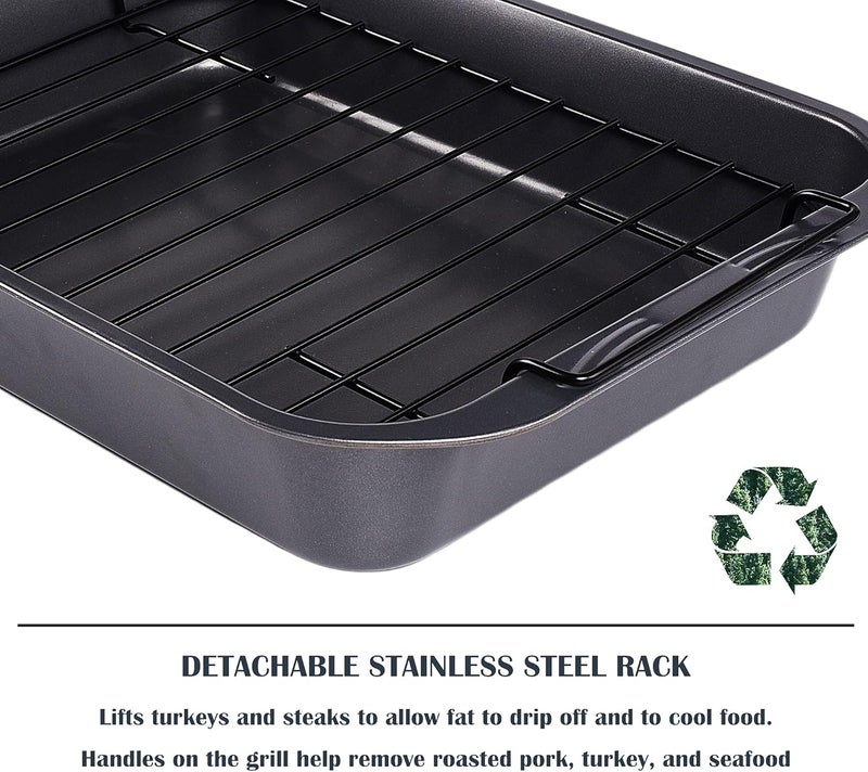 kitCom Bakeware Nonstick Roaster, Nonstick Roasting Pan with Rack, Great For Roast Chicken, Roasts And Turkeys - 15 Inch x 11 Inch (5.8 QT), Gray - Image 2
