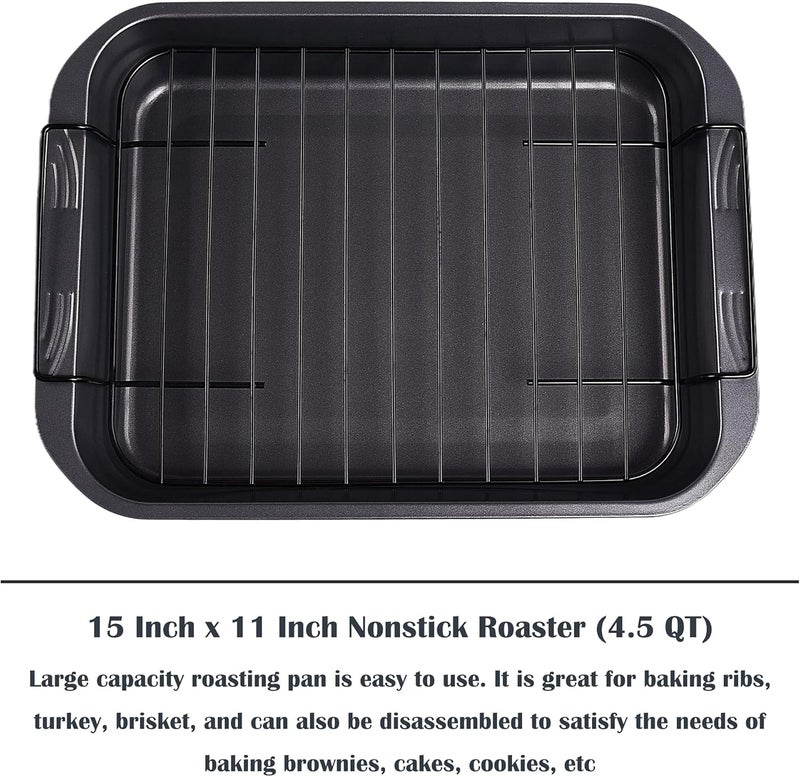 kitCom Bakeware Nonstick Roaster, Nonstick Roasting Pan with Rack, Great For Roast Chicken, Roasts And Turkeys - 15 Inch x 11 Inch (5.8 QT), Gray - Image 3