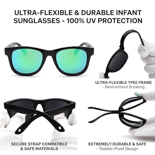 GLARDEFE Polarized Baby Sunglasses with Strap - Unbreakable Infant Sunglasses for Newborn Toddler Boys Girls Age 0-12 Months(Black/Green Mirror) - Image 3