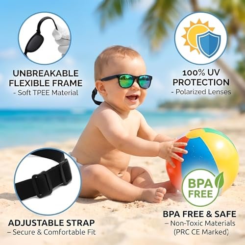 GLARDEFE Polarized Baby Sunglasses with Strap - Unbreakable Infant Sunglasses for Newborn Toddler Boys Girls Age 0-12 Months(Black/Green Mirror) - Image 2