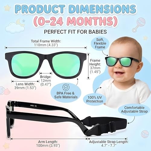 GLARDEFE Polarized Baby Sunglasses with Strap - Unbreakable Infant Sunglasses for Newborn Toddler Boys Girls Age 0-12 Months(Black/Green Mirror) - Image 5