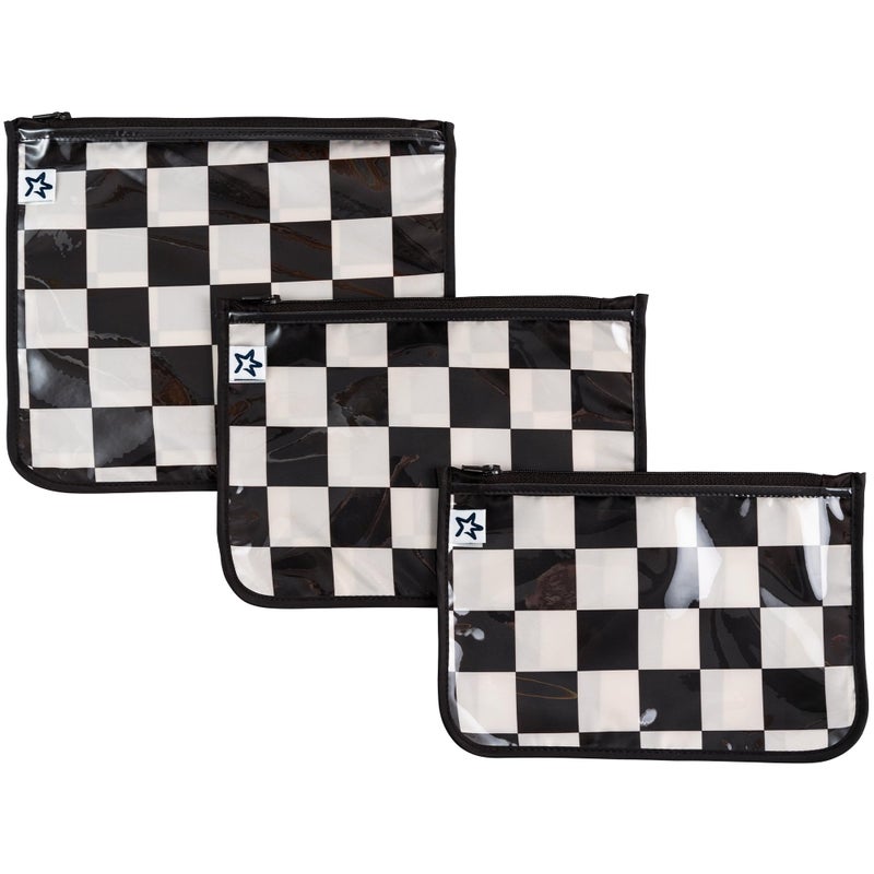 Tiny Twinkle Diaper Bag Organizing Pouches | 3 Pack Mess-Proof Clear Front Travel Organizer Bags & TSA Approved Toiletry Bag Set for Baby and Mom Essentials (Black Checkers) - Image 1