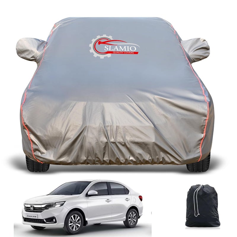 Slamio Heavy-Duty Car Body Cover for Honda's Amaze (2023-2025) | Waterproof, Dustproof, UV Protection, Custom Fit, Heavy Belt & Buckle with Mirror & Antenna Pocket | Dark Grey - Image 1
