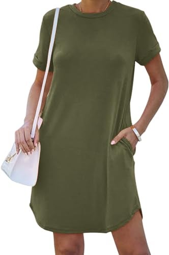 YEXIPO Women's Casual Summer Short Sleeve T Shirt Dress Nightgown Crew Neck Loose Solid Color Basic Dresses with Pockets - Image 3