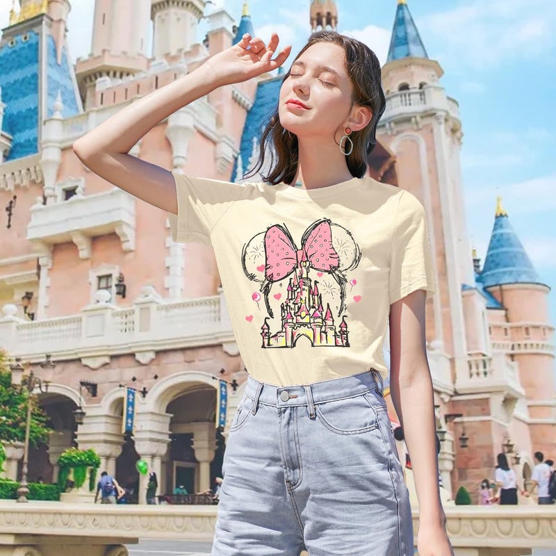 TAOHONG Women Magic Kingdom Shirt Castle Graphic Shirts Casual Family Vacation Holiday T Shirt Cute Short Sleeve Tee Top Apricot - Image 2