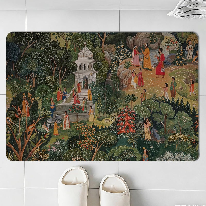 Retro Jaipur Gardens Bath Rug,Green Indian Door Mat,Vintage Indian Floor Mats for Living Room Bedroom Bathtub Bathroom Dressing Table Kitchen Small Indoor Decor,Housewarming,18 x 30Inch - Image 1