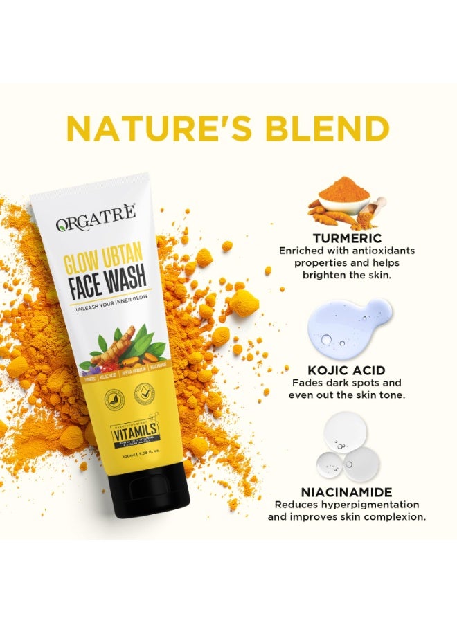 Orgatre Glow Ubtan Face Wash with Turmeric, Kojic Acid & Niacinamide for Brightening, Tan Removal & Even Skin Tone - 100ml | Dermatologically Tested | Suitable for Men & Women - Image 3