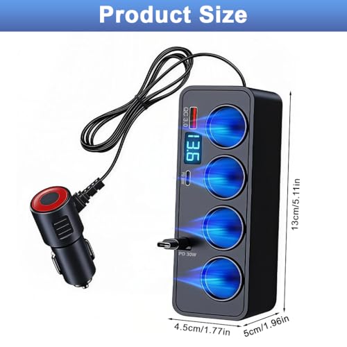 STHIRA® 7 in 1 Multi Car Cigarette Splitter Car 12V/24V Car Power Adapter with 4 Sockets, QC 3.0 USB A/C Ports & Retractable PD 30W Type C Charging Cable, Real Time Voltage Display - Image 2