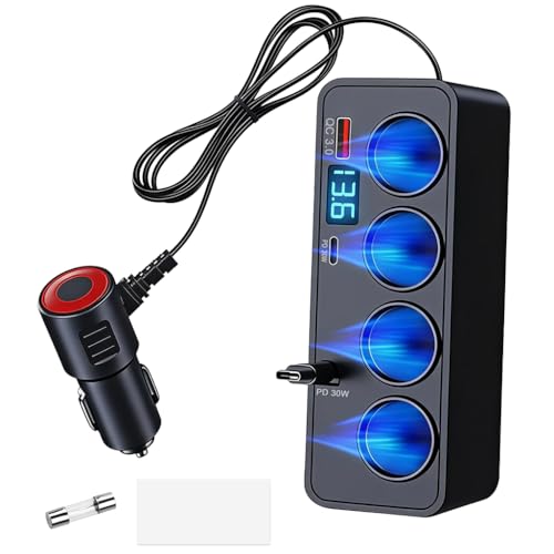 STHIRA® 7 in 1 Multi Car Cigarette Splitter Car 12V/24V Car Power Adapter with 4 Sockets, QC 3.0 USB A/C Ports & Retractable PD 30W Type C Charging Cable, Real Time Voltage Display - Image 1