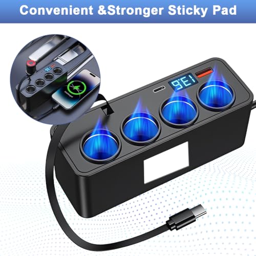 STHIRA® 7 in 1 Multi Car Cigarette Splitter Car 12V/24V Car Power Adapter with 4 Sockets, QC 3.0 USB A/C Ports & Retractable PD 30W Type C Charging Cable, Real Time Voltage Display - Image 3