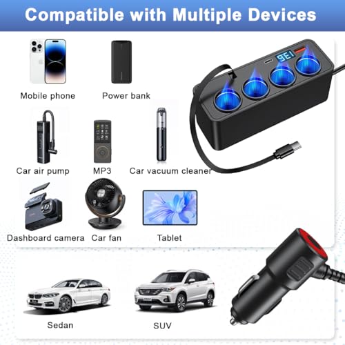 STHIRA® 7 in 1 Multi Car Cigarette Splitter Car 12V/24V Car Power Adapter with 4 Sockets, QC 3.0 USB A/C Ports & Retractable PD 30W Type C Charging Cable, Real Time Voltage Display - Image 5
