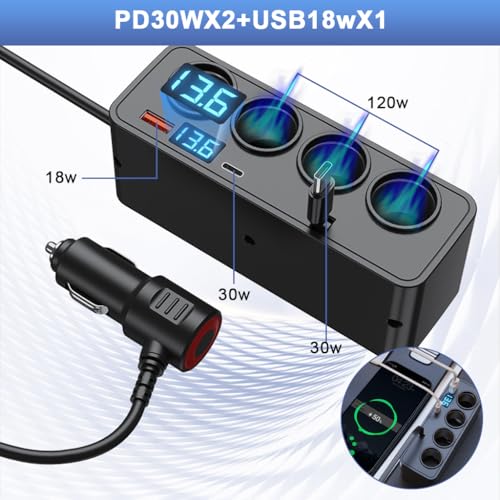 STHIRA® 7 in 1 Multi Car Cigarette Splitter Car 12V/24V Car Power Adapter with 4 Sockets, QC 3.0 USB A/C Ports & Retractable PD 30W Type C Charging Cable, Real Time Voltage Display - Image 4