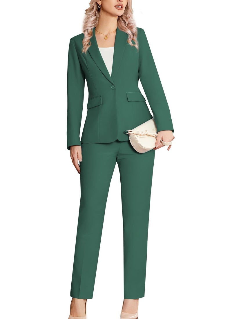 Kelyaa Womens 2 Piece Suit Notched Lapel One Button Slim Fit Business Office Work Tuxedo Blazer Pants Set Dark Green