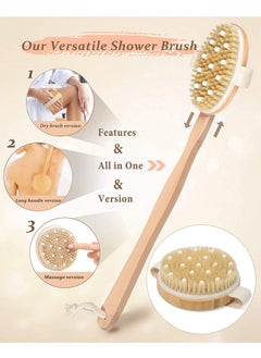 Garlo Shower Brush, Detachable Dry Brushing Body Brush for Body Cellulite and Lymphatic, Back Scrubber for Shower Long Handle Natural Bristle Exfoliator Scrubber, Dual Brush Heads for Women & Man.  - Image 2