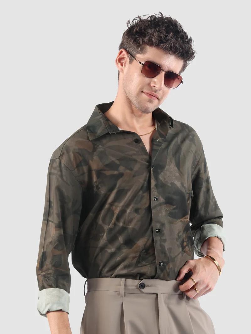 Beyoung Brown Tropical Printed Viscose Shirt