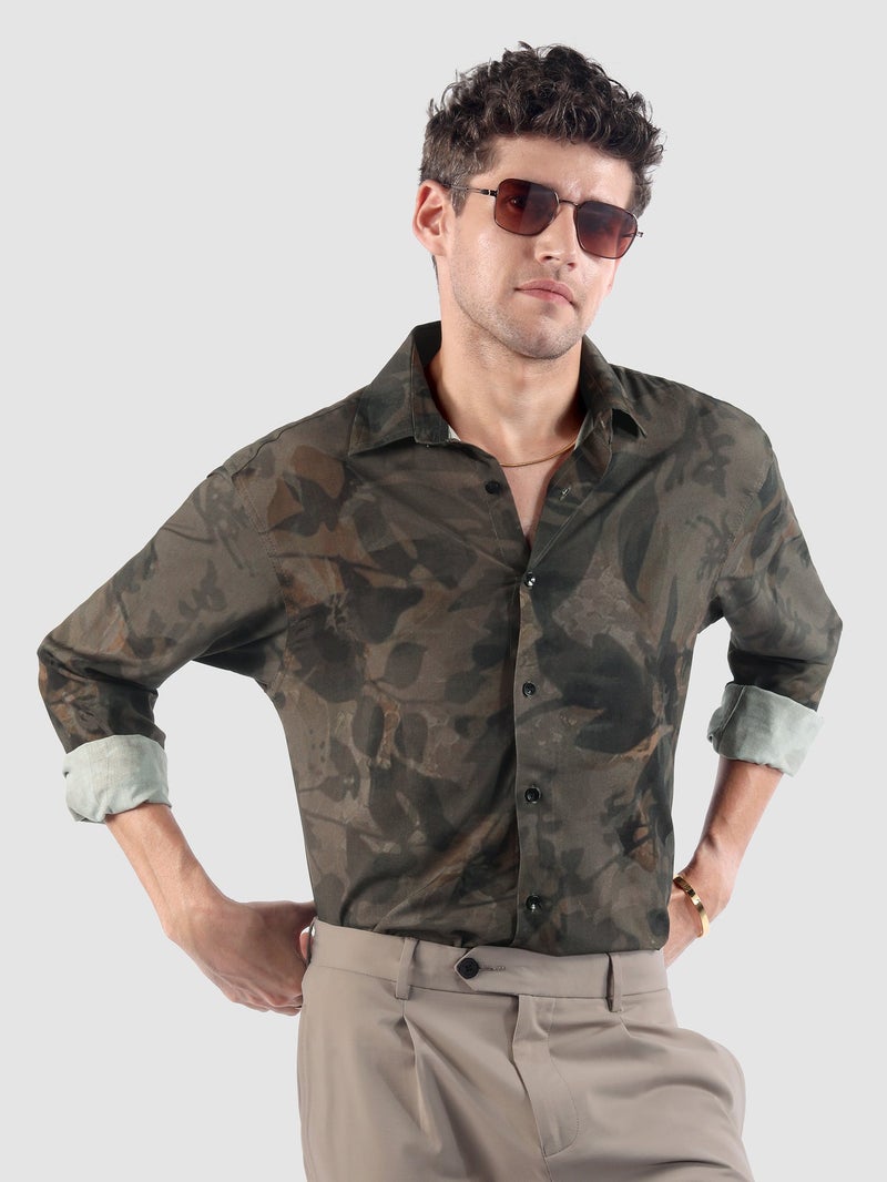 Beyoung Brown Tropical Printed Viscose Shirt - Image 1