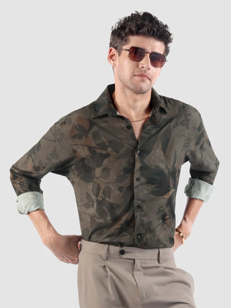 Beyoung Brown Tropical Printed Viscose Shirt