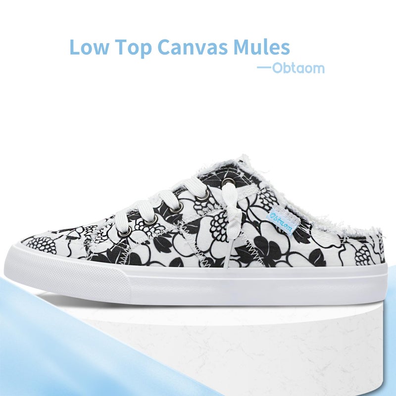 Obtaom Women Canvas Mules Memory Foam Clipper Fashion Sneakers Comfortable Slip-On Mule Backless Holiday Shoes(Multi White Black,US9) - Image 3