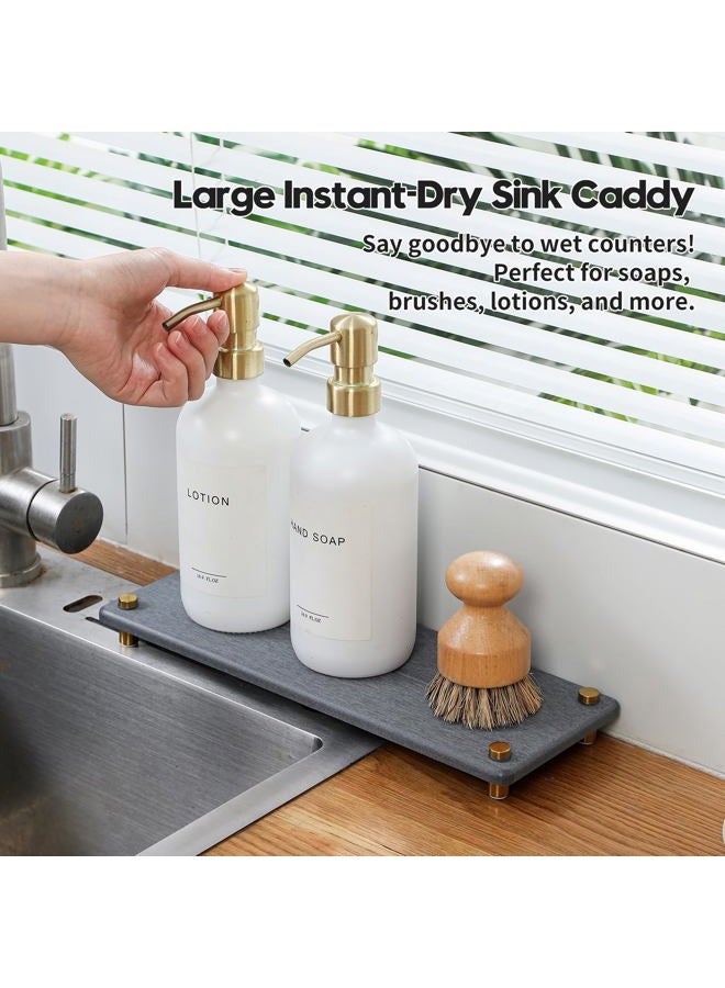 Razborci Kitchen Sink Caddy Water Absorbing Stone Drying Tray, Diatomite Bathroom Sink Organizer, Faucet Counter Mat Coaster, Soap Dish Rack Riser Dispenser Sponge Holder, Dark Gray Gold -12.5" x 4.5" - Image 3