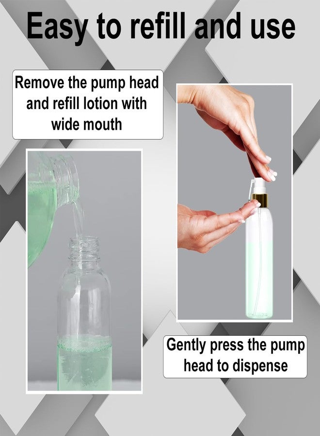 زجاجات لوشن ماديا سعة 100 مل مزودة بمضخات ذهبية، مانعة للتسرب، أسطوانية شفافة فارغة قابلة لإعادة التعبئة للشامبو، المرطب، كريم الوجه، الصابون السائل، زجاجات سفر شفافة فارغة، مضخة ذهبية، مجموعة من 24 زجاجة - Image 2