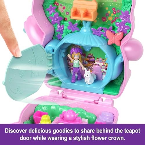 Polly Pocket دمى بولي باكت ومجموعة اللعب، مجموعة شاي الأرنب المدمجة، لعبة سفر مع 1 دمية صغيرة، أرنب أليف، طعام وإكسسوارات تنسيق أزياء - Image 5
