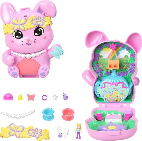Polly Pocket دمى بولي باكت ومجموعة اللعب، مجموعة شاي الأرنب المدمجة، لعبة سفر مع 1 دمية صغيرة، أرنب أليف، طعام وإكسسوارات تنسيق أزياء - Image 1