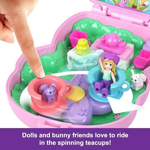 Polly Pocket دمى بولي باكت ومجموعة اللعب، مجموعة شاي الأرنب المدمجة، لعبة سفر مع 1 دمية صغيرة، أرنب أليف، طعام وإكسسوارات تنسيق أزياء - Image 4