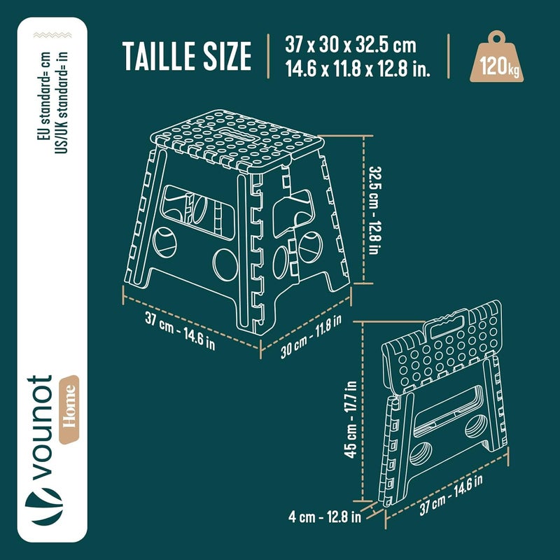 VOUNOT مقعد قابل للطي ®، مقعد خطوة غير قابل للانزلاق مع مقبض حمل، مقعد خطوة قابل للطي محمول للحمام والمطبخ والحديقة والتخييم، 37 × 30 × 32.5 سم، أسود - Image 3