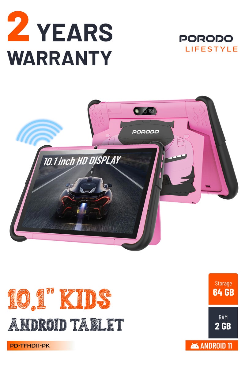porodo 10.1" Kids Android Tablet with shock-Resistant Case / Screen Protector / x2 Nano Sim / 2MP Camera / Audio Jack / Bluetooth / Wifi / Durable Smart Tablet for Kids - Pink - Image 1