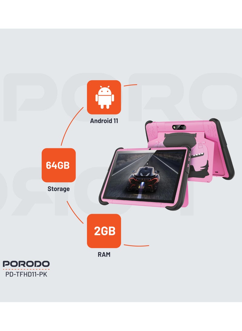 porodo 10.1" Kids Android Tablet with shock-Resistant Case / Screen Protector / x2 Nano Sim / 2MP Camera / Audio Jack / Bluetooth / Wifi / Durable Smart Tablet for Kids - Pink - Image 2