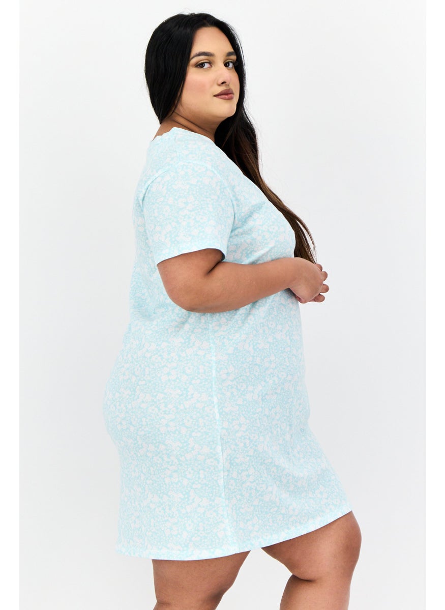 Celestial Dreams Women Plus Size Floral Print Short Sleeves Sleepwear Dress, Blue  - Image 2