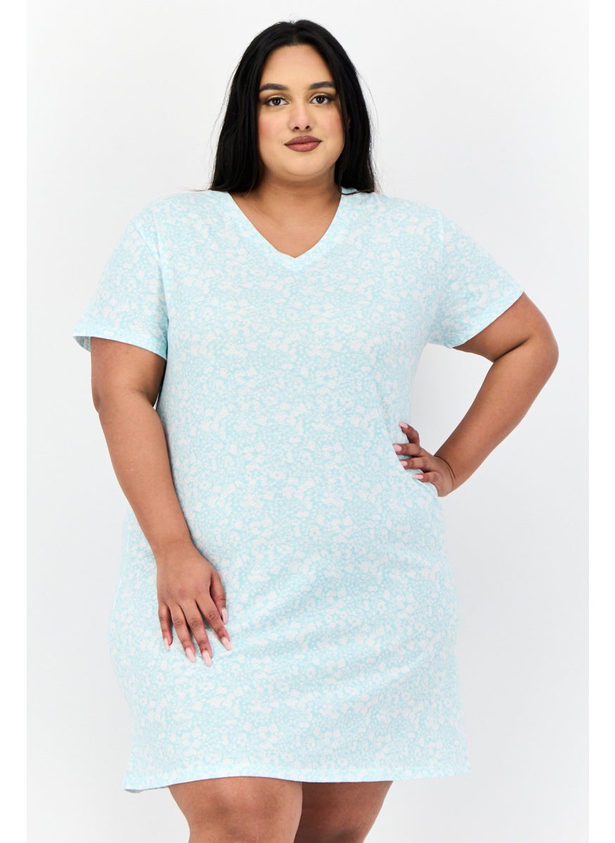 Celestial Dreams Women Plus Size Floral Print Short Sleeves Sleepwear Dress, Blue  - Image 1