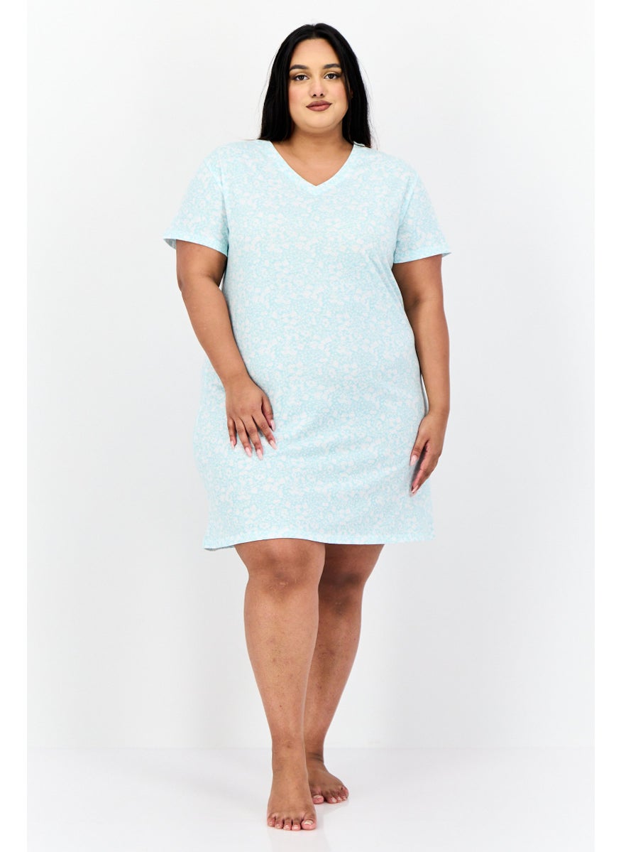 Celestial Dreams Women Plus Size Floral Print Short Sleeves Sleepwear Dress, Blue  - Image 4