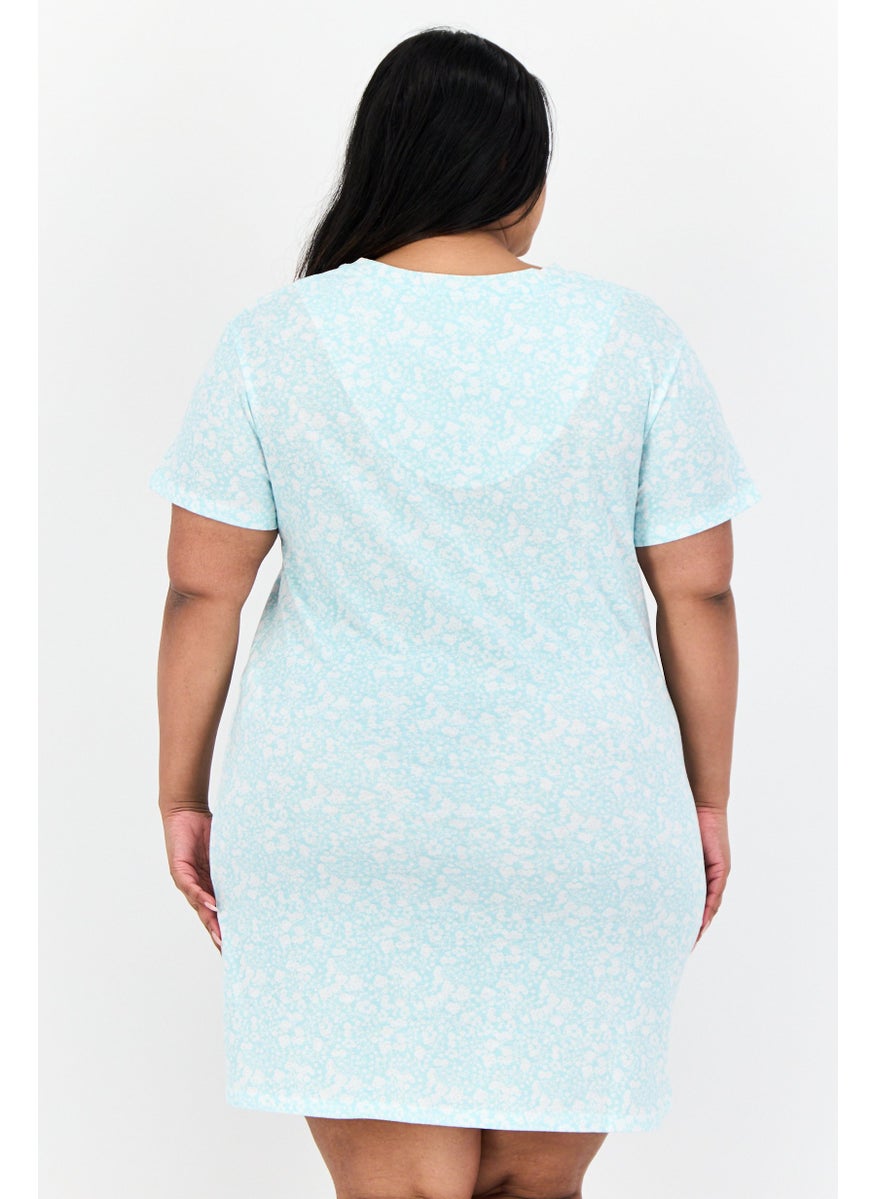 Celestial Dreams Women Plus Size Floral Print Short Sleeves Sleepwear Dress, Blue  - Image 3