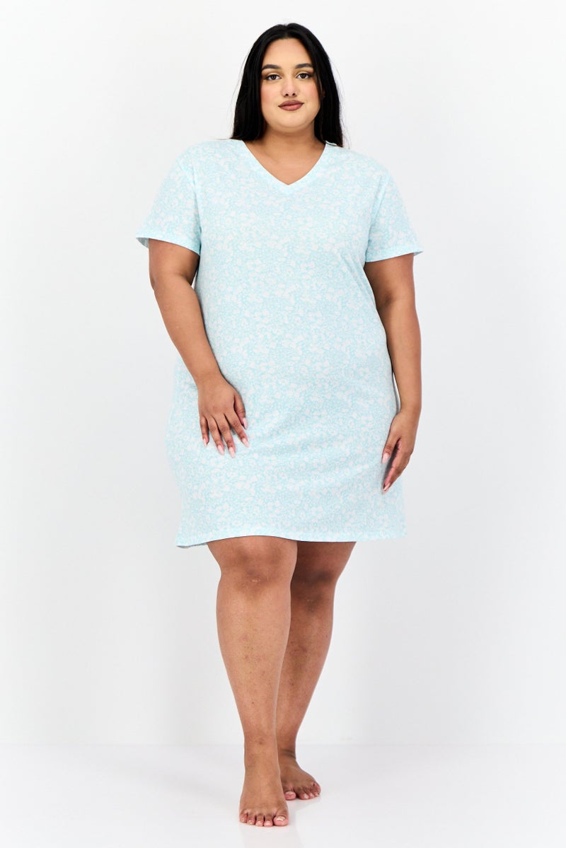 Celestial Dreams Women Plus Size Floral Print Short Sleeves Sleepwear Dress, Blue - Image 4