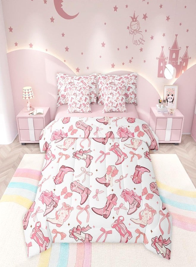 Man Fei Manfei Cowgirl Comforter Set Full Size 7 Pcs,Western Cowboy Boots Pink Bowknots Bedding Set,Dreamy Fairy Tale Princess Starry (Comforter+Fitted+Flat Sheet+2 Pillowcases+2 Throw Pillow Covers) - Image 5
