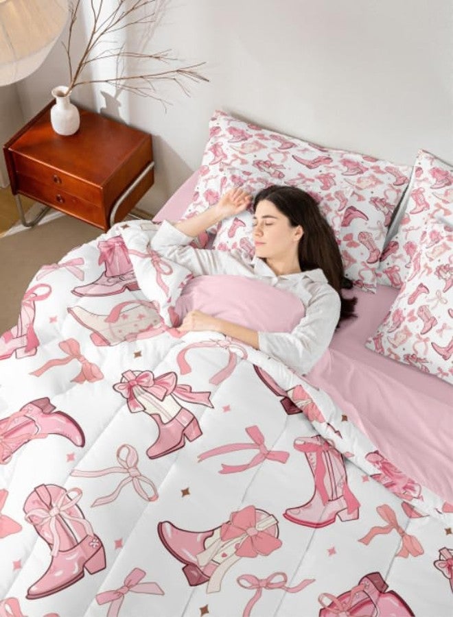 Man Fei Manfei Cowgirl Comforter Set Full Size 7 Pcs,Western Cowboy Boots Pink Bowknots Bedding Set,Dreamy Fairy Tale Princess Starry (Comforter+Fitted+Flat Sheet+2 Pillowcases+2 Throw Pillow Covers) - Image 4