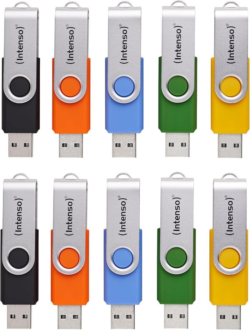 Intenso Basic Line 10 x 16 GB USB Flash Drives USB 2.0 with Practical Labelling Labels Yellow Green Black Blue + Orange with Silver Metal Handle Pack of 10 - Image 1