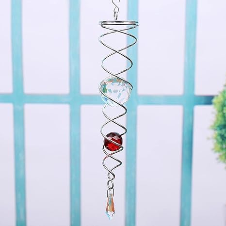 EVERMALL Gazing Ball Spiral Ball Wind Chimes Spinner Garden Rotating Spiral Tail Wind Stainless Steel Wind Spinner Stabilizer with 2 Glass Balls Prism and Hanging Swivel Hook Royal Red - Image 5