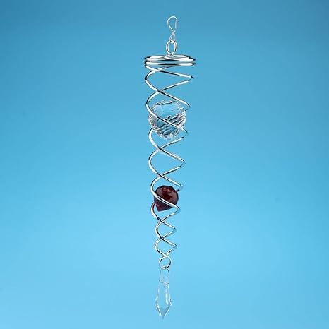 EVERMALL Gazing Ball Spiral Ball Wind Chimes Spinner Garden Rotating Spiral Tail Wind Stainless Steel Wind Spinner Stabilizer with 2 Glass Balls Prism and Hanging Swivel Hook Royal Red - Image 2