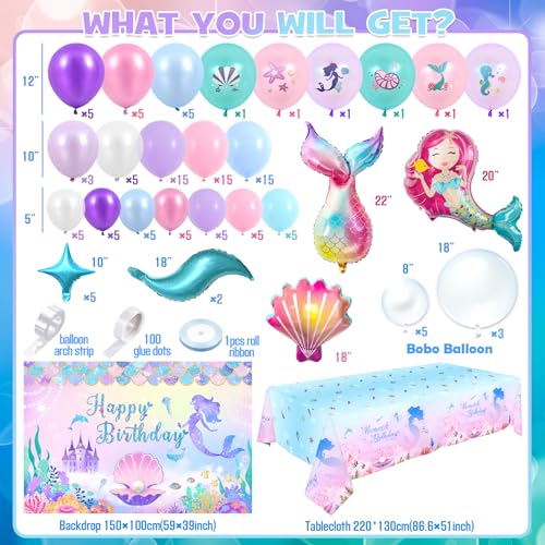 Winrayk Little Mermaid Party Decorations Birthday Supplies Girls, Pink Purple Balloon Arch kit, Backdrop, Tablecloth, Bobo & Tail Shell & Printed Balloons, Princess Theme Mermaid Birthday Decorations - Image 2